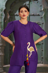 Elegant Flamingo Embroidered Co-Ord Set in Purple